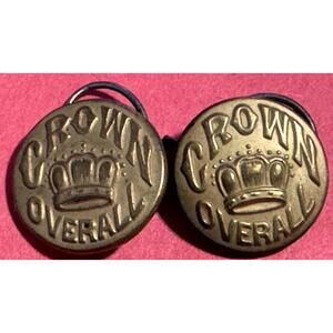2 Antique CROWN OVERALL Metal Wobble Shank Buttons Workwear Vintage